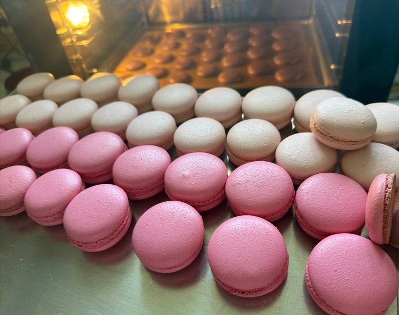 Свіжі рожеві та білі шкаралупки макаронс на деку — тепле світло з печі на задньому плані